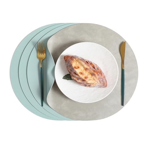 PinnWaa Manteles Individuales de Cuero PU Lavables Juego de 4, Impermeable Antideslizantes Individuales Resistentes Al Calor de Doble Cara 33cm Redondos Mantel Individual (Azul + Gris)