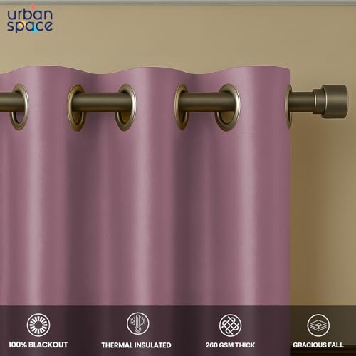 Image of Urban Space 100% True Blackout Curtains for Door, Gold Foil Printed Blackout Curtains, Blackout Decorative Door Curtain Eyelet with Tieback, 1 Piece Curtain for Living Room(Aurika Mauve, 8 Feet)