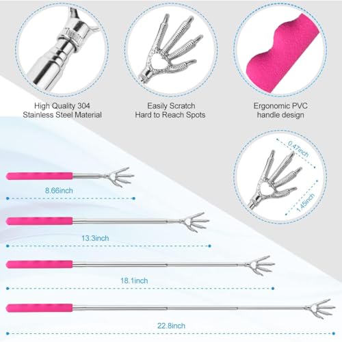 Image of 4 Pcs Different Style Back Scratcher Metal Portable Telescoping Tool, Extendable Back Massager Back Scratcher with a Box, Great Gifts for Men Women Stocking Stuffers (Pink)