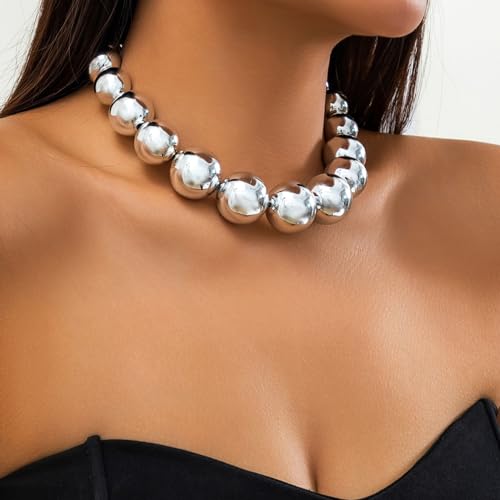 Gold Chunky Beaded Statement Necklaces for Women Exaggerated Oversized Thick Big Ball Bead Choker Trendy Bulky Bold Short Necklaces Wedding Accessory2