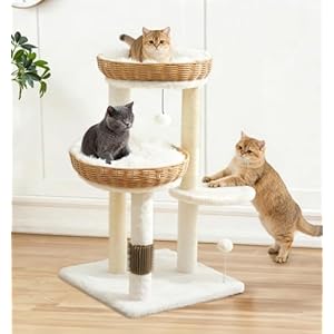 Made4Pets 32in PE Rattan Cat Tree Tower, 2 Large Handwoven Nest Baskets with Soft Cushions, Scratching Post, Stable Wicker Cat Tree with Groomer & Hanging Ball Toys for Adult and Kittens