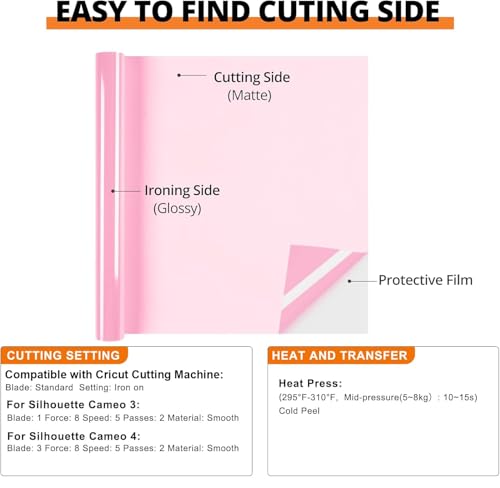 Image of HTVRONT Pink Heat Transfer Vinyl Rolls - 12 inch x 8ft Baby Pink HTV Vinyl for Shirts, Iron on Vinyl for All Cutting Machine - Easy to Cut & Weed for Heat Vinyl Design