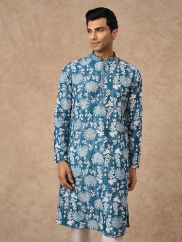 Image of Manyavar Men's Cotton Blend Floral Print Full Sleeves Long Kurta Pyjama Set (2pcs)