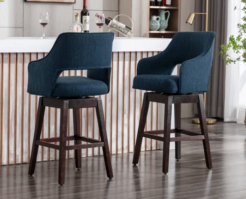 Kmax Fabric Counter Height Bar Stools Swivel Farmhouse Bar Stools With Wood Legs Open Back Footrest For Kitchen Island, Set Of 2- Blue #TOP1