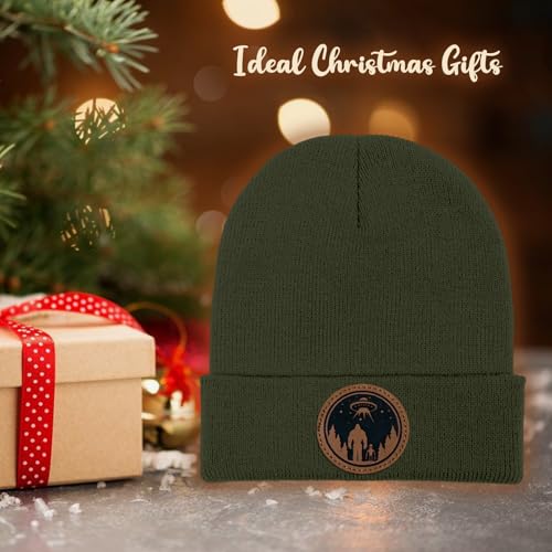 Image of Big Foot Beanie Hat, Sasquatch Leather Patch Winter Knit Skull Cap Bigfoot Gifts for Adult Men Women