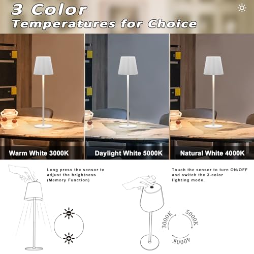 Image of Kakanuo Cordless Table Lamp, Battery Operated Lamp, Portable Desk Lamp, Wireless Rechargeable Lamp, 3 Color Stepless Small Table Lamp for Restaurant, Bar, Party, Camping and Bedroom - White