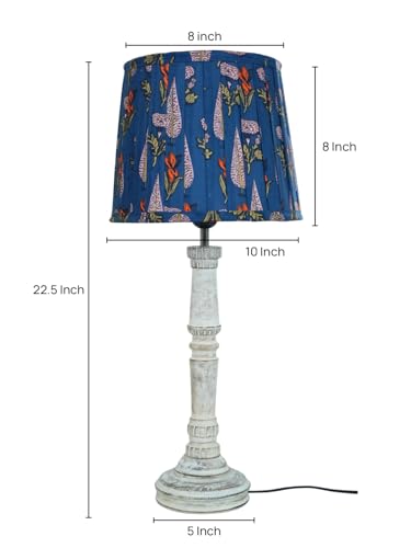 Image of Green Girgit Wooden Distress White Empire Lamp with Pleeted Multicolor Blue Leaf Lamp Shade