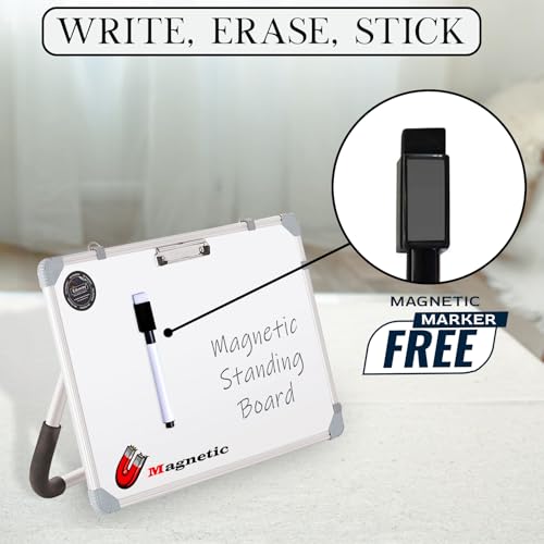 Image of Eduway Magnetic Dry Erase 1.5x1 Feet White Board with Stand | Standing Whiteboard | Table Top with Paper Clip for Study, Memo, to Do List, with 1 Cap-Duster Marker.