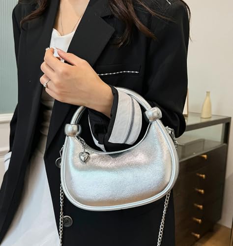 Women Knotted Top Handle Bag with Chain Glossy Handbags for Women 2025 Trending Crossbody Bag Crescent Purse Shoulder Clutch3
