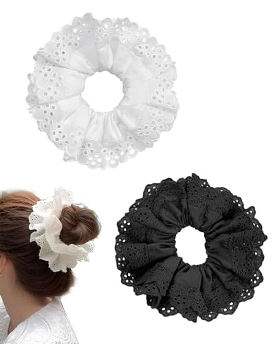 FUGLUS 2PCS Grandes Coletero De Encaje, Scrunchies para Pelo de Mujer, Suaves Cuerdas para El Pelo Trenzado, Accesorios Adecuados para Mujeres Cabello Grueso Y Largo, Pelo Rizado(Blanco/Negro)