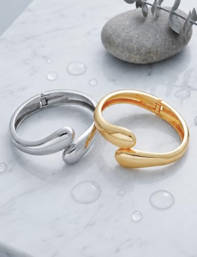 Image of Chunky Gold Bangle Bracelets for Women, Dainty 14k Gold Plated Big Stackable Bangles Set, Trendy Statement Cuff Bracelet Stack Fashion Jewelry Gifts