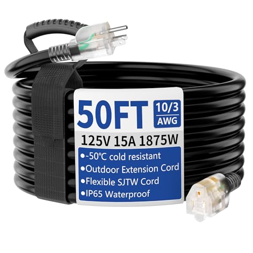 Cismorvex 50ft Outdoor/Indoor Extension Cord with Lighted 10/3 Gauge Ultra 3 Prong Heavy Duty SJTW Waterproof Flexible Cold-Resistant 15A 125V 1875W Black