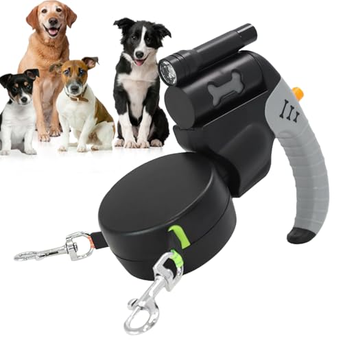 Correas retráctiles para perros – 7 pulgadas doble giratorio de 360° resistente con luz LED | ABS portátil para dos mascotas cinturón con soporte para bolsa de basura con asa libre para perros