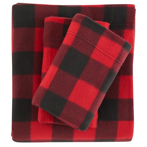 Image of Viviland Plush Micro Fleece Buffalo Plaid Red and Black Holiday King Bed Sheet Set - Soft Polar Fleece Velvet Sheets - Extra Warm Winter Flannel Bed Sheets with Deep Pocket - Christmas Sheet