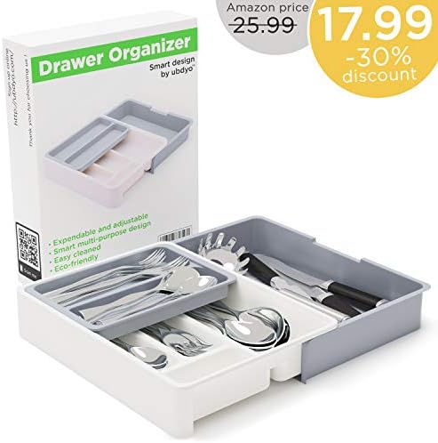 Adjustable Kitchen Drawer Organizer - Expandable Utensil Drawer Organizer - Multi-Purpose Desk Drawer Organizer - 7 Compartment Interlocking Drawer Organizer - Plastic Silverware Drawer Organizer