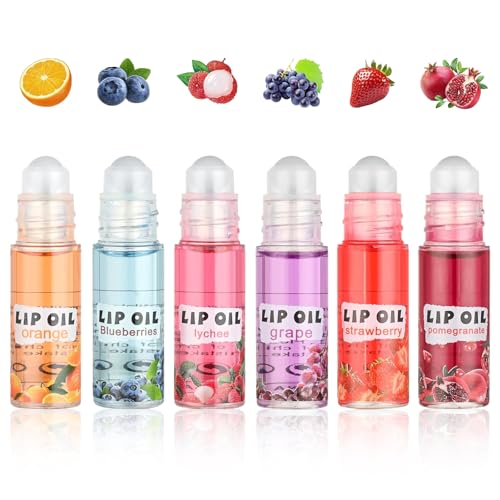 Bekoeen 6PCS Roll On Lip Gloss Set Fruit Flavored Lip Oil Make up for Teens and Girls Hydrating & Moisturizing Lipgloss Clear Lip Gloss for Women Vegan & Cruelty-Free