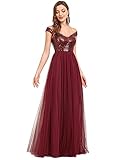 Ever-Pretty Women's Plus Size Sleeveless Tulle V-Neck Sparkle Long Ball Gowns Burgundy US16