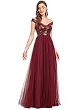 Fully lined, no built-in bras, no stretch Features: sequin, tull dress, a line dress, evening party dress, formal dress, prom gowns The double v neck tulle a line dress, the tulle skirt makes you look elegant, this formal dress is sweet, unique, eleg...