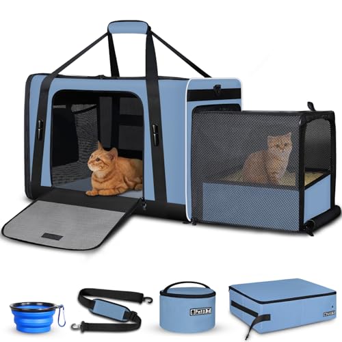 24x17x17 Petskd Side Expandable Extra Large Cat Carrier with Litter Box Area for Car Travel Collapsible Soft Large Pet Carrier or 2 Cats Under 55LBS with Seat Belt Buckles(Blue)