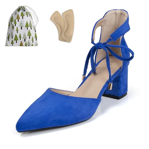 Women's Ankle Strappy Heels Pointed Closed Toe Dressy Suede Pumps with Bow Ladies Wedding Party Comfortable 2 Inch Low Chunky Block D'Orsay Heels