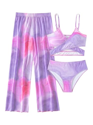 Yartina Girls Printed Swimsuits 3 Piece Kids Bikini Swim Sets with Pants for Water Sports