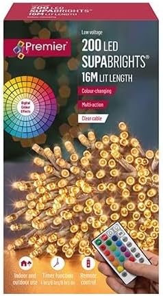 Premier Decorations 200 Colour Changing LED Supabrights Clear Cable ...