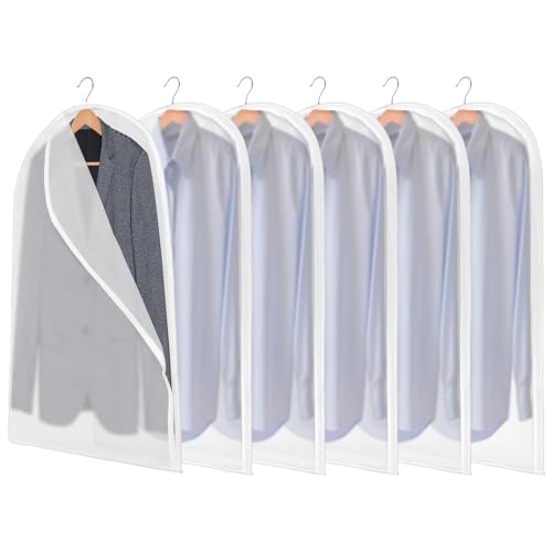 Translucent Garment Bags for Hanging Clothes 6 Pack 40” Dress Bags Clothing Bags Suit Bags Plastic Clothes Storage Bag Waterproof Suit Cover Bags with Zipper for Coats, Jackets, Shirts