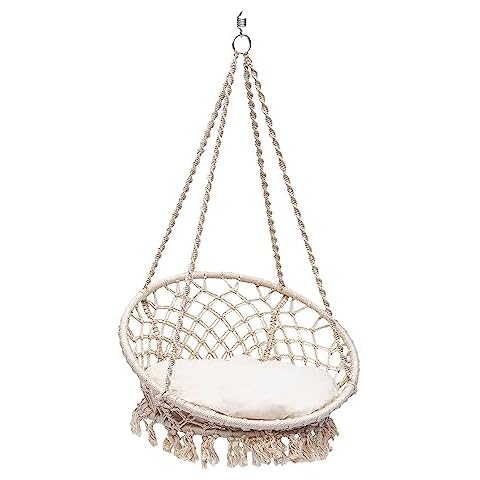 Bahia Macrame Hammock Chair with Cushion Hanging Chair for Bedroom Rope Boho Swing Chair Indoor Macrame Swinging Chair Outdoor Hand Woven Rope Hammock Accent Chair - Beige Hammock Chair, Beige Cushion Cover