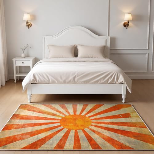 Tapis de chambre doux soleil 60x90cm orange lavable à motif graphique moderne