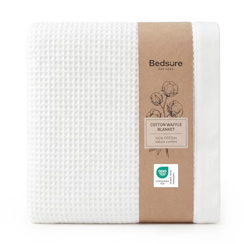 Bedsure Gentlesoft 100% Cotton Blanket Queen Size for Bed - Cooling Breathable and Soft for Summer, Thick Cozy Waffle Weave Blanket Gifts for Women, White, 90x90 Inches