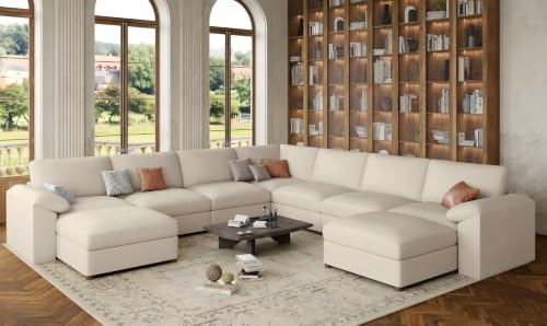 Image of EASE MOOSE Modular Sectional Sofa, U Shaped Leather Sectional Couch, Beige | Pet-Friendly Faux Leather, Wide Deep Seat, Removable Covers, Solid Wood Frame, Easy Assembly, Scratch Resistant