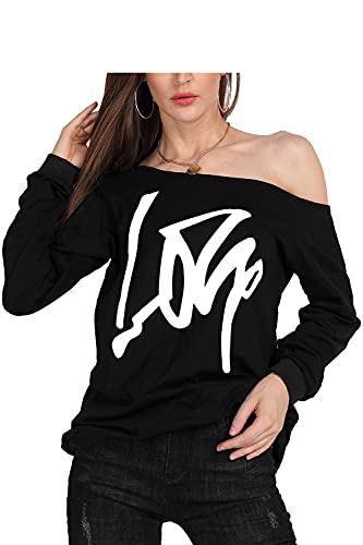 Image of MAGICMK Woman's Sweatershirt Lips Print Causal Blouse Off The Shoulder Long Sleeve Loose Slouchy Pullover Plus Size Tops