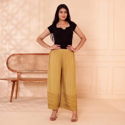 Image of VIVIKA Chikankari Palazzo Pants for Women |Rayon Wide Leg Ethnic Palazo with Embroidery | Comfortable Elastic Waist Women's Palazzo for Casual, Festive & Office Wear