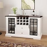 Real Relax Farmhouse Buffet Cabinet with Storage, Large 59'' Sideboard Wine Coffee Bar Cabinet with 2 Glass Doors, Removable Wine Rack, Buffet Table Storage Cabinets for Kitchen, Living, Dinning Room