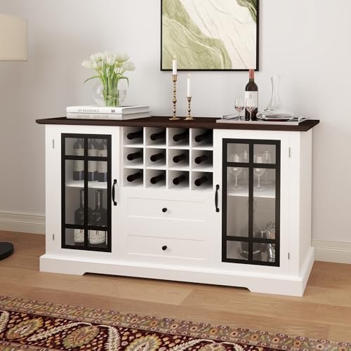 Real Relax Farmhouse Buffet Cabinet with Storage, Large 59'' Sideboard Wine Coffee Bar Cabinet with 2 Glass Doors, Removable Wine Rack, Buffet Table Storage Cabinets for Kitchen, Living, Dinning Room