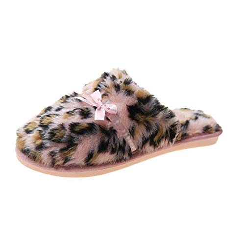 Zoloyo Damen Hausschuhe, Fuzzy Leopard Print Home Hausschuhe mit niedlicher Schleife Weiche rutschfeste Gemütliche Hausschuhe Indoor Outdoor Cover