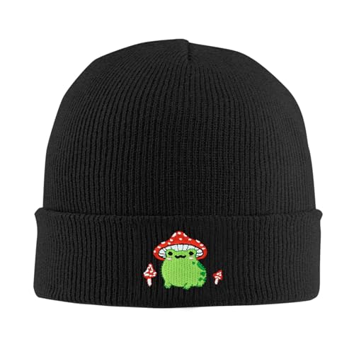 Athjunss Frogs Mushroom Embroidered Beanie Cap Soft Knit Hat for Women Men Chemo Sleep