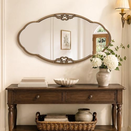 Image of Besdomus Vintage Scalloped Wall Mirror: 40 inchx22 inch Large Antique Gold Mirror