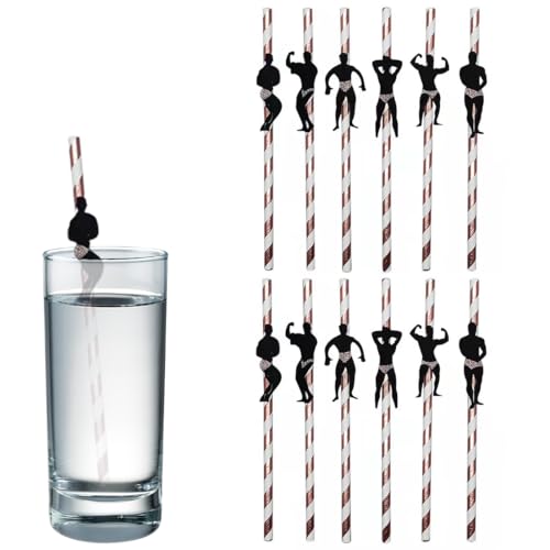 CATZUM Pailles en Papier 12 pcs Motif Homme Musclé Rose Doré – Sans Plastique, Biodégradables & Écologiques pour EVJF, Anniversaire, Fêtes & Soirées Thème.