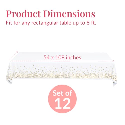 Image of Prestee 12-Pack White and Gold Tablecloth - 54x108 Inch - Disposable Table Covers for Party, Weddings, and Holidays - Waterproof Christmas Tablecloth, Stain-Resistant Plastic Table Cover Set