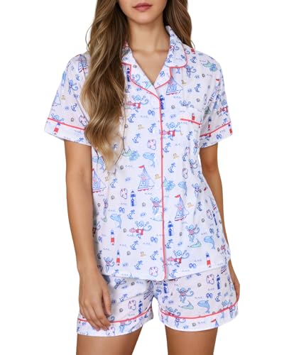 Image of Womens Y2k Preppy Pajamas Set, 2 Piece Button Down Monkey Beach Shorts Set Holiday Vacation Loungewear Pjs for Jammies Back to School Party Birthday Gifts(Boat, X-Small)