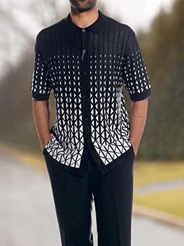 Men's 2 Piece Outfit Criss-Cross Pattern Walking Suit Short Sleeve Set with Long Pants Button Beach Casual4