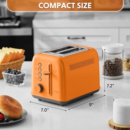 Image of BUYDEEM DT620 2-Slice Toaster, Extra Wide Slots, Retro Stainless Steel with High Lift Lever, Bagel and Muffin Function, Removal Crumb Tray, 7-Shade Settings,Orange
