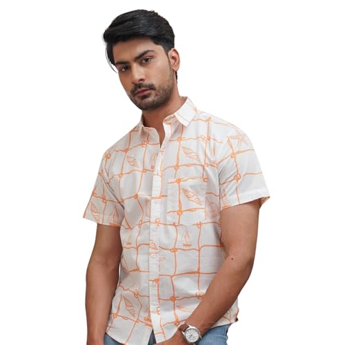 Image of Orange Abstract Box Print Cotton Shirt for Men | Premium Breathable Fabric - Crafted from ultra-soft, lightweight fabric keeping you cool and sweat-free all day.