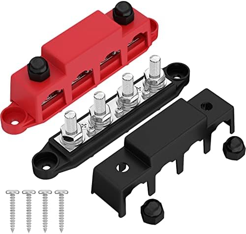 Joinfworld 250A 12V Bus Bar 3/8" Power Distribution Block 4 Studs Junction Block Automotive Marine Battery Busbar Terminal Block with Cover 12 Volt Negative&Positive