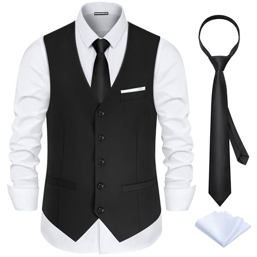 RainbowDate Black Vest for Men Classic V-Neck Slim Fit Mens Formal Suit Vest 3 Pieces with Tie and Pocket Square Youth Dress Waistcoat for Wedding Business Graduation Prom or Casual L