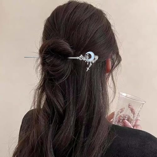 Image of SANNIDHI 4Pcs Hair Stick for Bun, Stylish Bun Stick Accessories for Women, 7 inch Crescent Star Charm Hair Bun Sticks for Women, Metal Alloy Fashion Accessories for Updo
