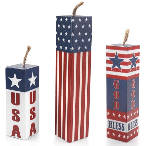 ABTOLS 3 letreros patrióticos de fuegos artificiales escalonados, decoración de mesa de madera del 4 de julio, decoración rústica de fuegos artificiales de Estados Unidos, Dios bendiga, centros de