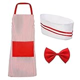 Accessoires de Costume de Serveur Adulte, Rouge et Blanc Rayé Tablier avec Toque et Nœud Papillon Rouge, Kit de Déguisement de Serveur Années 50 pour Carnaval, Jeux de Rôle (B)