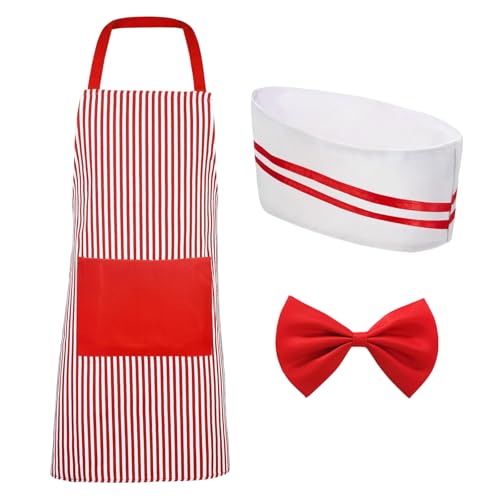 Accessoires de Costume de Serveur Adulte, Rouge et Blanc Rayé Tablier avec Toque et Nœud Papillon Rouge, Kit de Déguisement de Serveur Années 50 pour Carnaval, Jeux de Rôle (B)